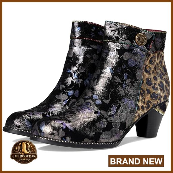 Shoes - Floral Suede Ankle Booties with Velvet Accent, Side Zipper, Mid-Heel